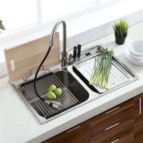 Placing the board over the sink adds to your kitchen worktop space and used with the strainer bowl in the sink, is very handy for preparing food. Stainless Steel Double Sink for kitchen with Drain Board ...