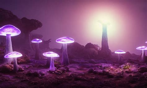 Krea Ai Large Bioluminescent Mushrooms On An Alien Landsca