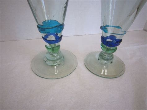 2 Mexican Glassware Green Cobalt Blue Swirl Pilsner Hand Blown Bubble Glass Beer Ebay