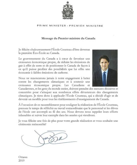 Lettre De Monsieur Le Premier Ministre Justin Trudeau Cousteau School