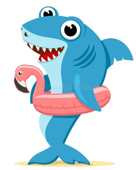 Shark With Flamingo Inflatable Ring On A White Background Character
