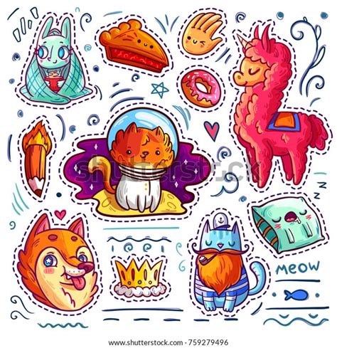 Set Cool Stickers Cartoon Funny Animals Stock Vector Royalty Free