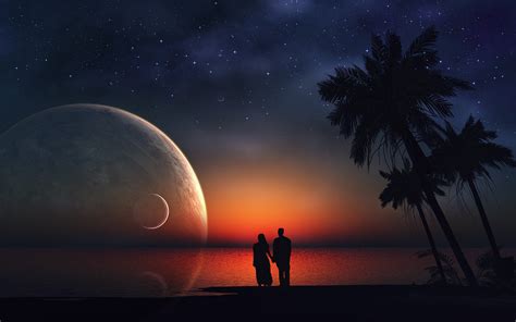 A Romantic Night Love On The Beach Looking At The Moon