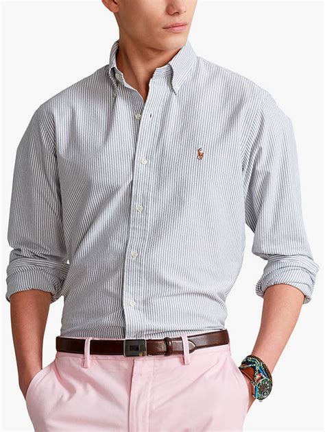 polo ralph lauren custom fit striped oxford shirt slate white at john lewis and partners