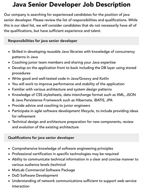Java Senior Developer Job Description Velvet Jobs