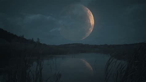 Huge Fantastic Moon Reflecting In The Lake Version 3 Stock Footage