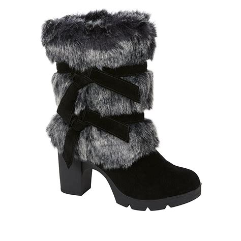 Bearpaw® Bridget Suede And Faux Fur Block Heel Boot 8861672 Hsn Block Heel Boots Black