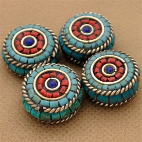 4 Beads White Metal Tibetan Nepalese Handmade Turquoise Lapis Coral