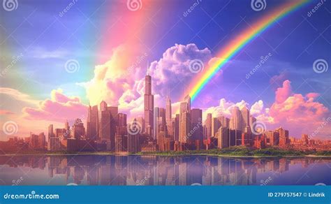 Rainbow Over The City Generative Ai Stock Illustration Illustration