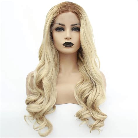 Vnice Wavy Lace Front Wig Synthetic Resistent Brown Ombre Blonde Swiss