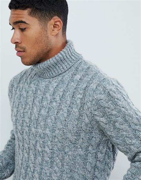 Asos Design Heavyweight Cable Knit Roll Neck Sweater In Blue Twist