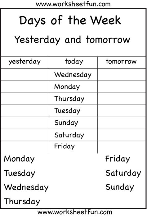 Days Of The Week Yesterday And Tomorrow 6 Worksheets Free Printable
