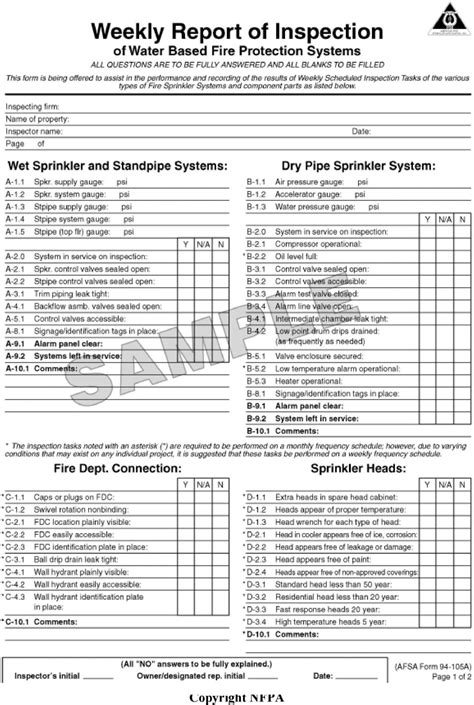 Building annual inspection form includes testing forms based on the following standards: Nfpa Monthly Bldg Inspection Forms : Appendix B Forms For ...