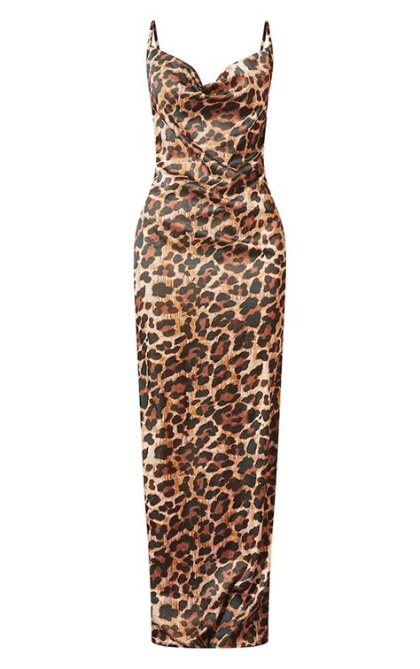 Brown Leopard Print Satin Cowl Neck Maxi Dress Prettylittlething