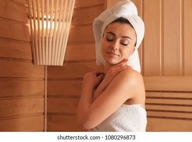 Redhaired Ginger Woman Relaxing Russian Banya Stock Photo