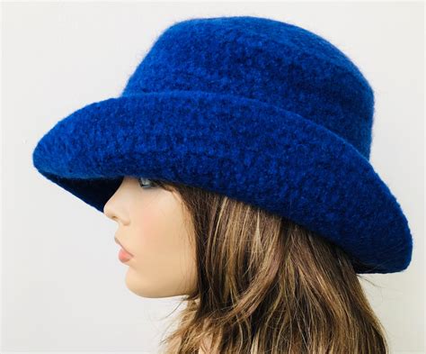 Bright Blue Felted Hat Cloche Hat For Women Felted Wide Brim Etsy