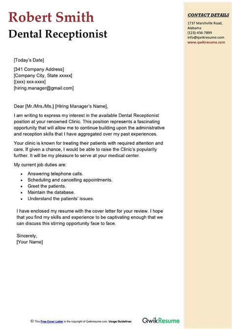 Dental Receptionist Cover Letter Examples Qwikresume