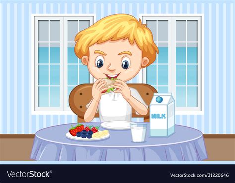 Scene With Boy Eating Healthy Breakfast At Home Vector Image