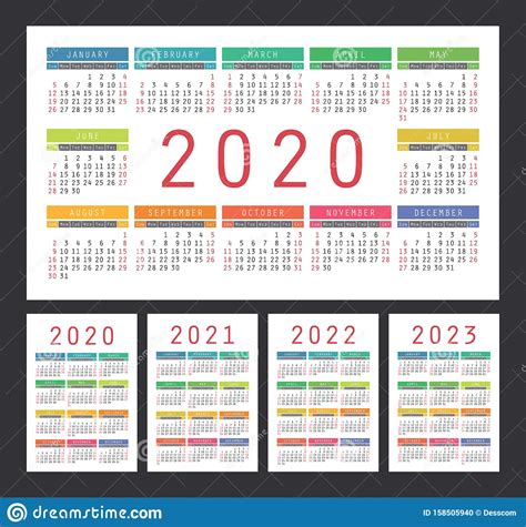 Calendar 2021 2022 2023 2024 Years Set Stock Vector Illustration Images