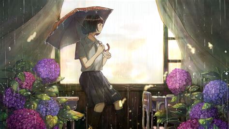 Download Wallpaper 3840x2160 Girl Umbrella Rain Garden Anime Art