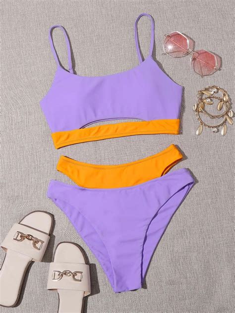 Swimwear Solid Purple Patchwork Cut Out Bikini Halter Push Up Bather Ribbed Bathing Suit