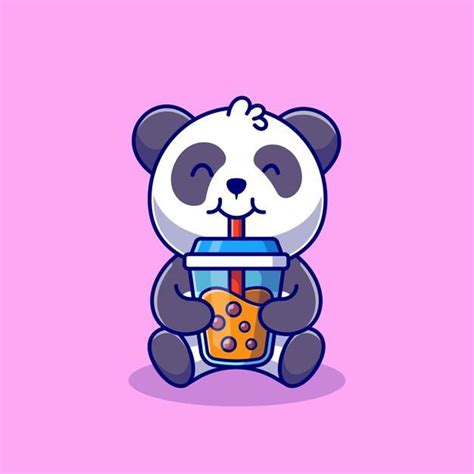 Free Vector Cute Panda Drinking Boba Milk Tea Cartoon Icon