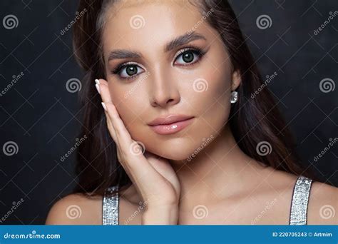 Beautiful Face Nice Woman With Perfect Makeup On Black Background Stock Image Image Of Black