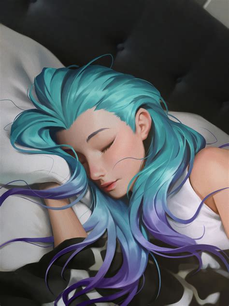 Achtergronden Animemeisjes Artwork Slapen Golvend Haar Digitale