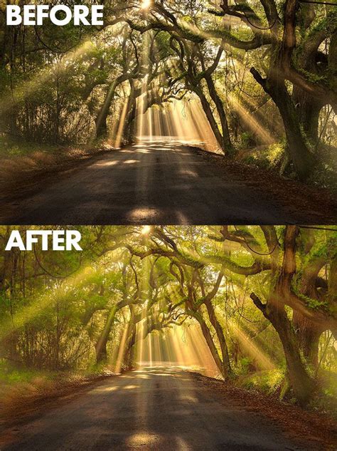 The Before And After Photoshopped Image Of An Old Road With Trees On