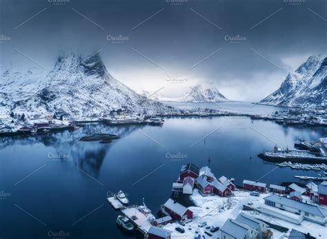 Aerial View Of Reine In Overcast Day Aerial View Aerial Views