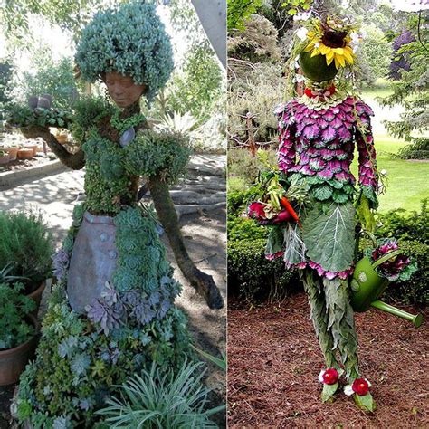 Two Different Sculptures Made Out Of Plants And Flowers In The Garden