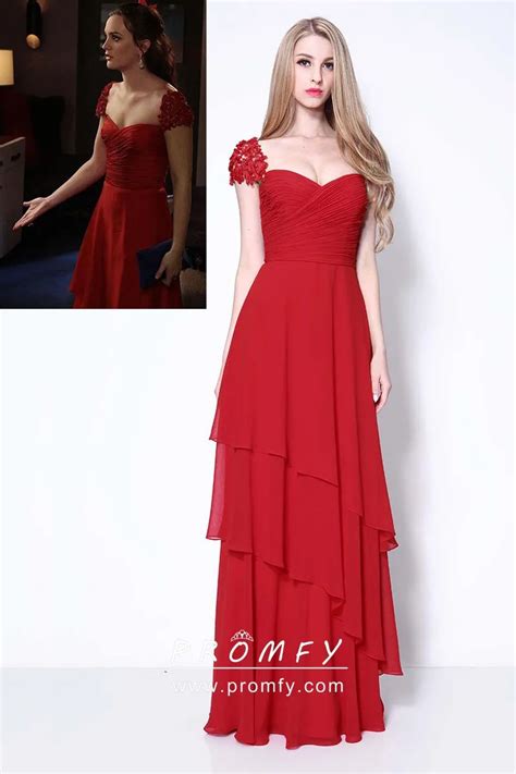 red asymmetrical ruffled chiffon and lace prom dress promfy