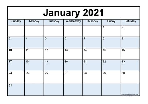 January 2021 Printable Calendar Monthly Templates