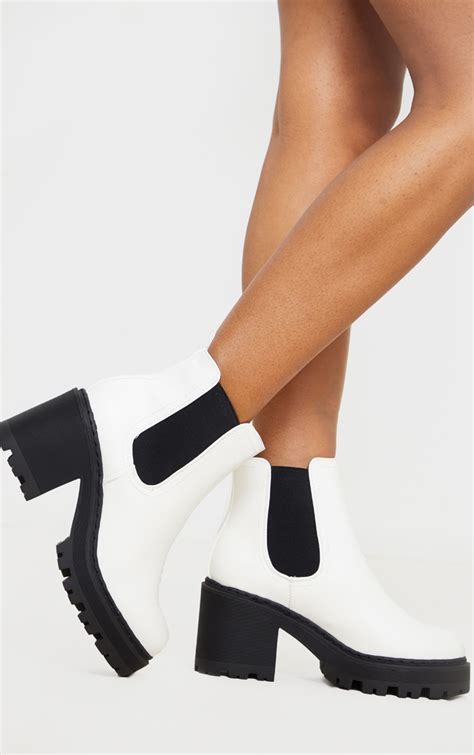 White Wide Fit Chunky Heeled Chelsea Boot Prettylittlething Usa