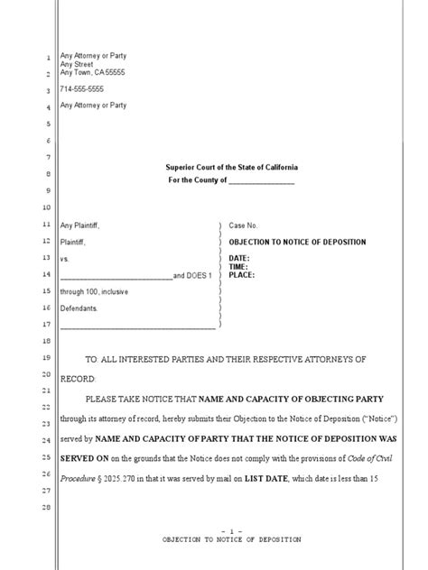 Sample Objection To Deposition Notice In California Deposition Law
