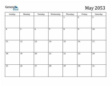 May 2053 Monthly Calendar Pdf Word Excel