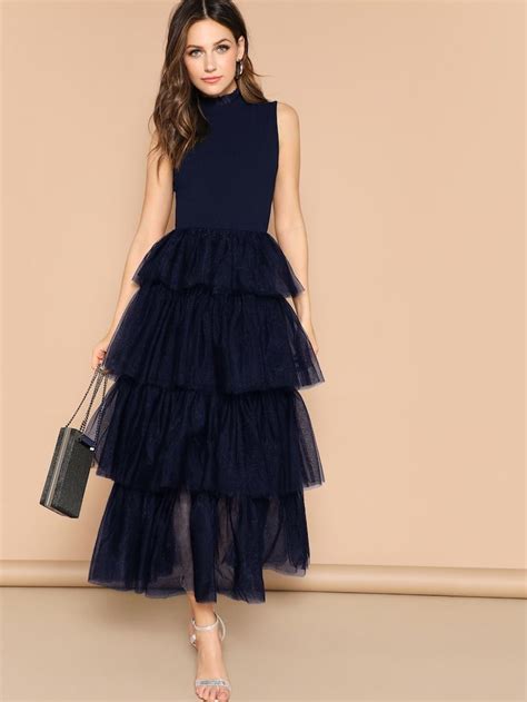 Frilled Neckline Layered Mesh Ruffle Hem Dress Shein Ruffle Long Dress Elegant Dresses