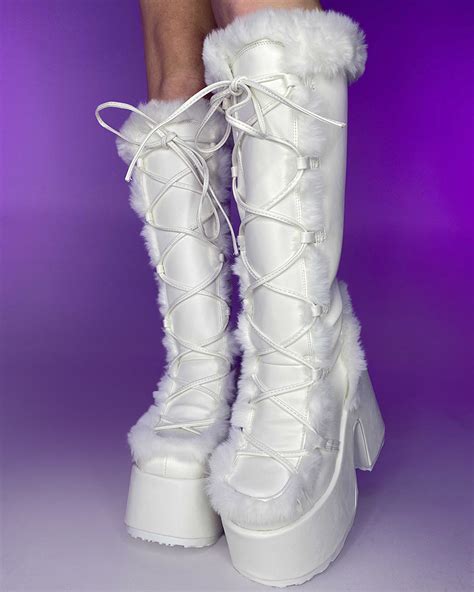 Demonia White Furry Winter Faux Fur Boots Rave Wonderland