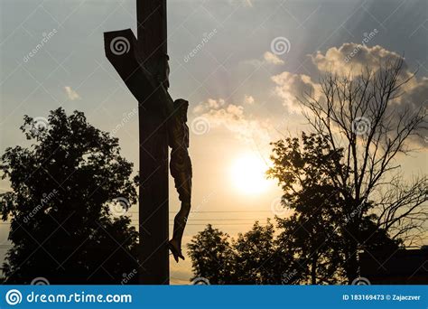 Sculpture Of Jesus Christ Crucified On A Wooden Cross Stock Image
