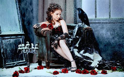 Goth And Raven Red Rose Raven Bird Girl Gothic Hd Wallpaper Peakpx