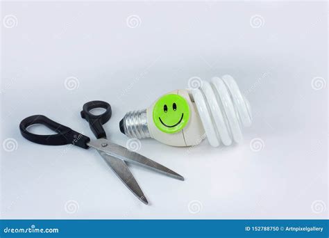 Scissors Energy Saving Bulb Happy Smiley Face Isolated On White