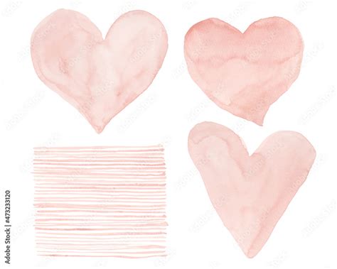 Blush Pink Heart And Strips Watercolor Background Collection Set Of Shapes With Copy Space Text