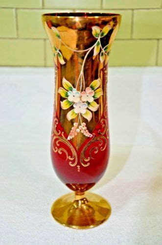 Stunning Venetian Murano Glass Vase 9 25 034 Red 24kt Gold Hand Painted Vintage Glass Art