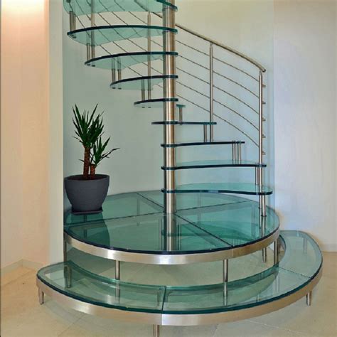 Glass Tread Spiral Staircase Round Stairs With Stainless Steel Railing