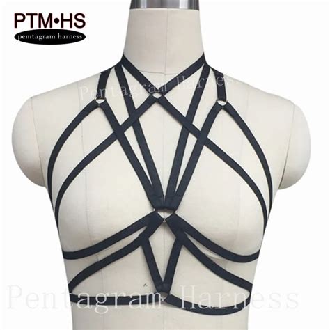 pentagram harness body cage tops halter sexy harness bra womens black elastic strappy bondage