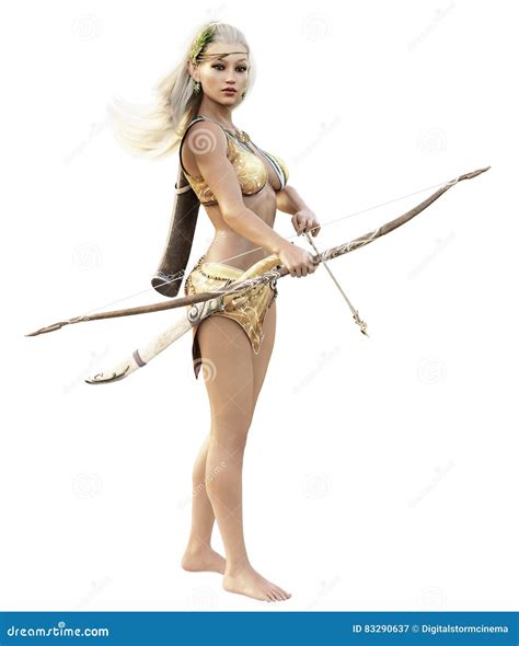 Fantasy Blonde Female Wood Elf Archer With Bow And Arrow Standing Guard On A White Background