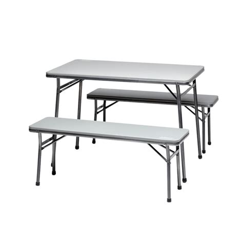 Durable blow moulded plastic top. Folding Table and Bench 3 Piece set