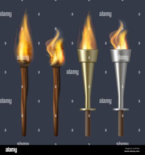 Fire Torch Realistic Flame Torches Olympic Bonfire Vector