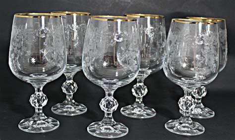 Vintage Bohemia Crystal Etched Wine Glasses With Gold Rim Set Of 6 Near Mint Condition 675 10