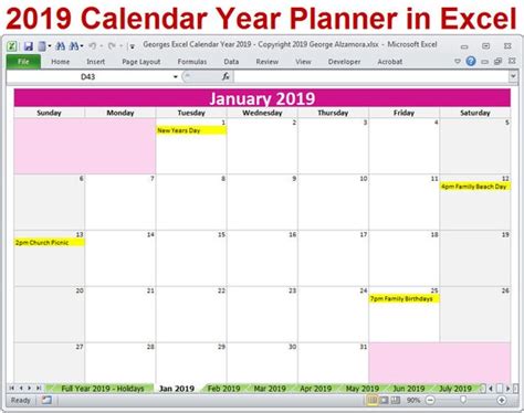2019 yearly planner calendar premium printable templates. 2019 Calendar Year Planner Excel Template 2019 Monthly